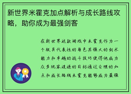 新世界米霍克加点解析与成长路线攻略，助你成为最强剑客