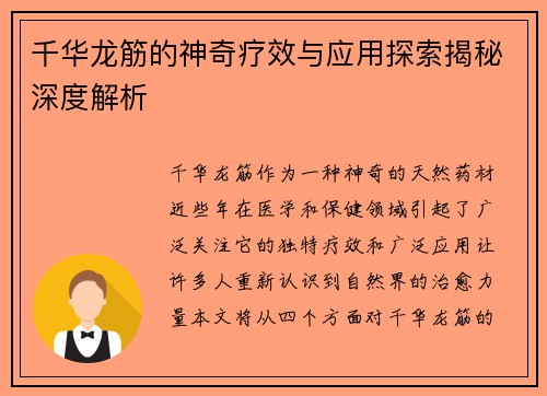 千华龙筋的神奇疗效与应用探索揭秘深度解析